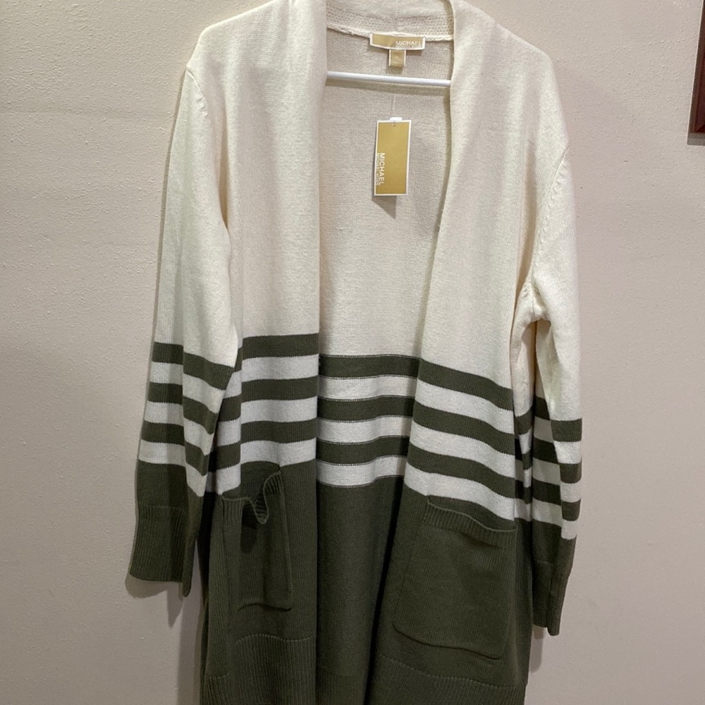 MICHAEL KORS ARMY GREEN STRIPED CARDIGAN